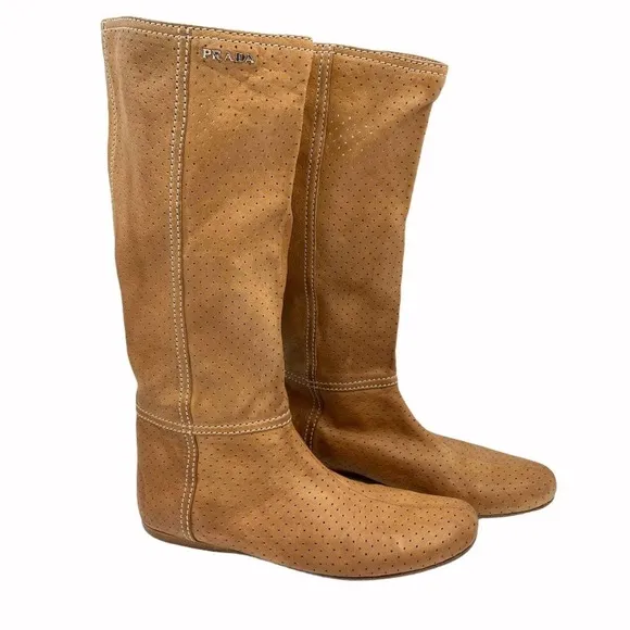 Prada Sport Perforated Leather Mid Calf Flat Boots