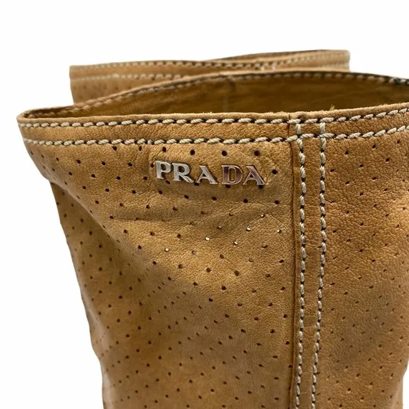 Prada Sport Perforated Leather Mid Calf Flat Boots