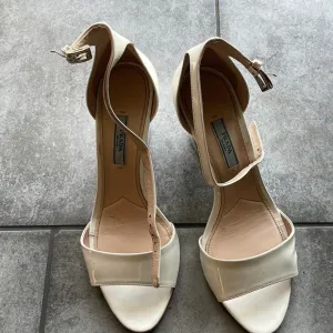 Prada White Patent Leather Metallic Heel Ankle Strap Sandals 38 US 8