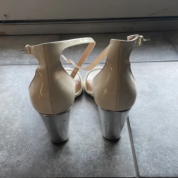 Prada White Patent Leather Metallic Heel Ankle Strap Sandals 38 US 8