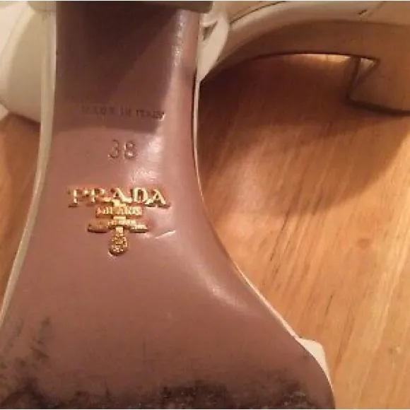 Prada White Patent Leather Metallic Heel Ankle Strap Sandals 38 US 8