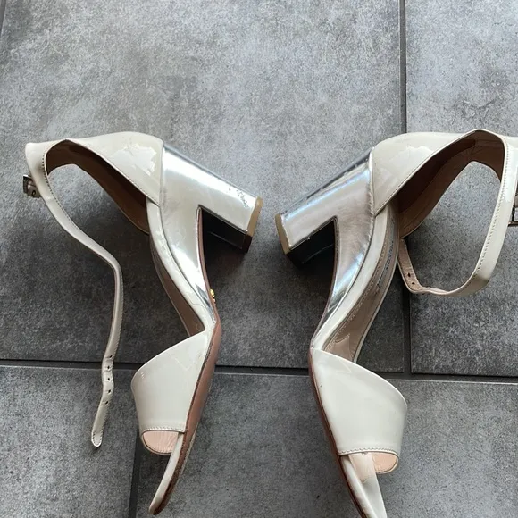 Prada White Patent Leather Metallic Heel Ankle Strap Sandals 38 US 8