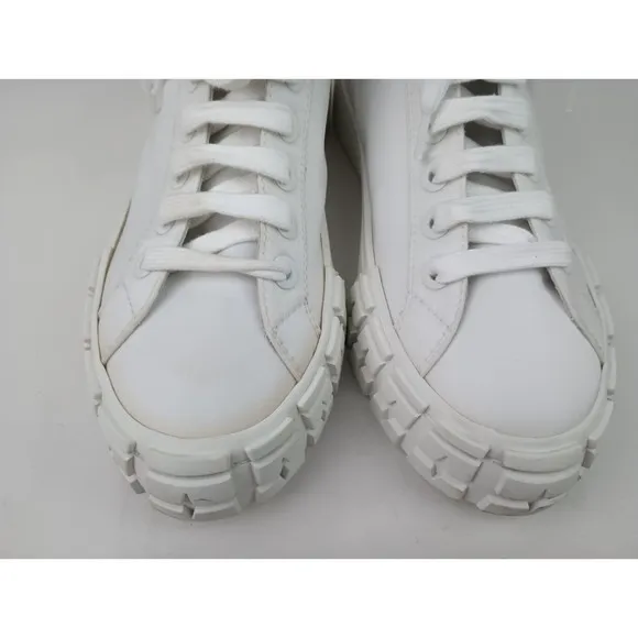 Prada Women's White Nylon High Top Lace Up Logo Sneakers Flat Shoes Size 37