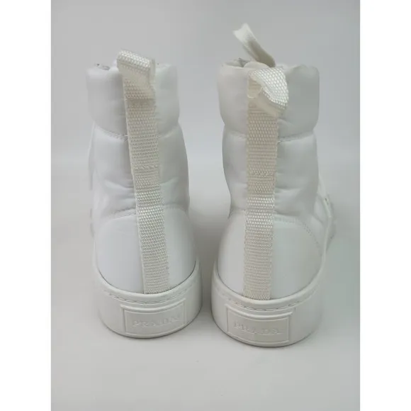 Prada Women's White Nylon High Top Lace Up Logo Sneakers Flat Shoes Size 37