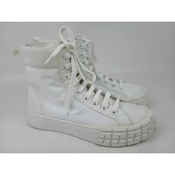 Prada Women's White Nylon High Top Lace Up Logo Sneakers Flat Shoes Size 37