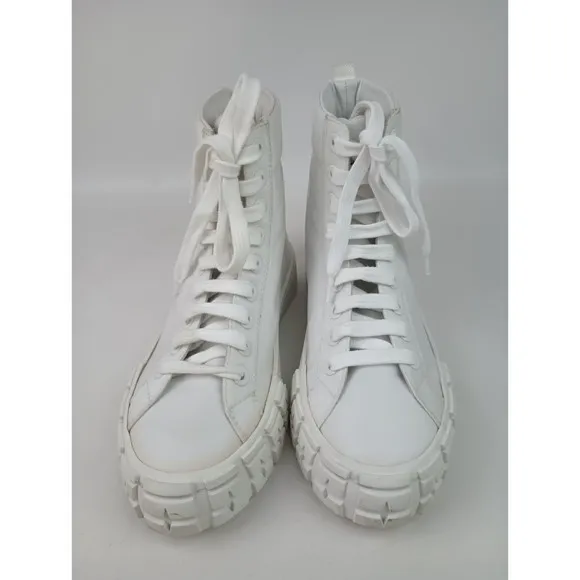 Prada Women's White Nylon High Top Lace Up Logo Sneakers Flat Shoes Size 37