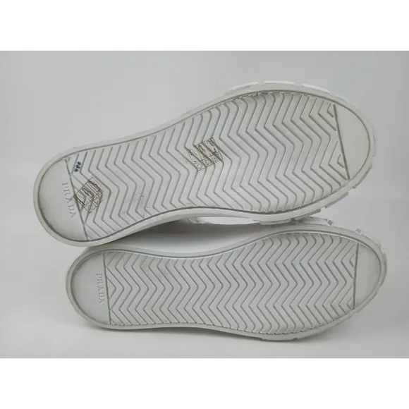 Prada Women's White Nylon High Top Lace Up Logo Sneakers Flat Shoes Size 37