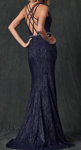 Prom dress, backless fitted high slit navy,burgundy,rose gold