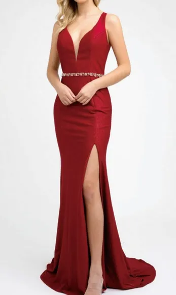 Prom dress, backless fitted high slit navy,burgundy,rose gold