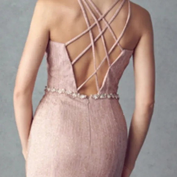 Prom dress, backless fitted high slit navy,burgundy,rose gold