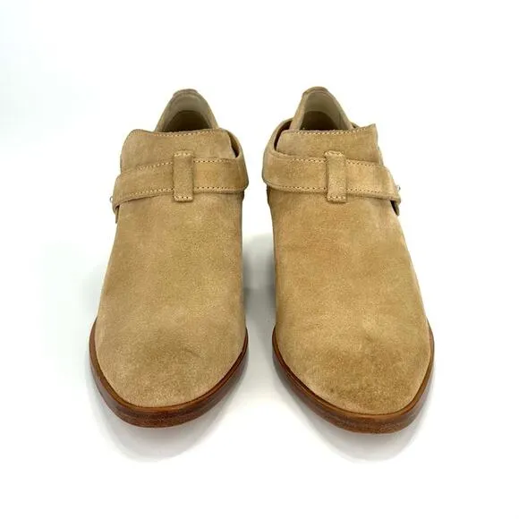 RAG &amp; BONE &quot;HARLEY&quot; DUNE TAN SUEDE BELTED ALMOND TOE STOCK BLOCK HEEL MOTO BOOT