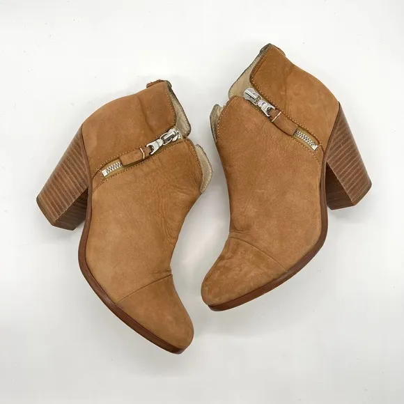 RAG &amp; BONE Boots Womens 37.5 Tan Margot Leather Ankle Bootie Double Zipper Heel