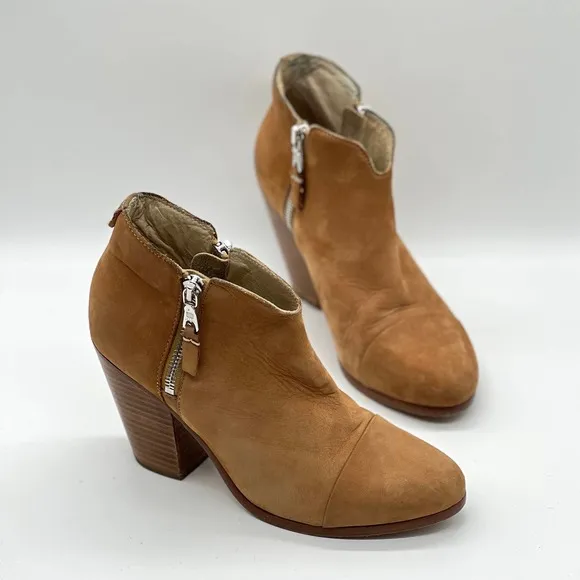 RAG &amp; BONE Boots Womens 37.5 Tan Margot Leather Ankle Bootie Double Zipper Heel