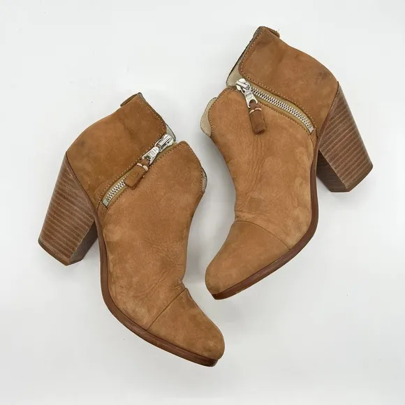 RAG &amp; BONE Boots Womens 37.5 Tan Margot Leather Ankle Bootie Double Zipper Heel