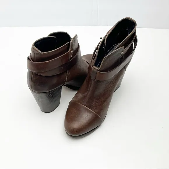 RAG &amp; BONE Harlow Brown Leather Adjustable Straps Almond Toe Chunky Heel Booties