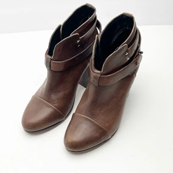 RAG &amp; BONE Harlow Brown Leather Adjustable Straps Almond Toe Chunky Heel Booties