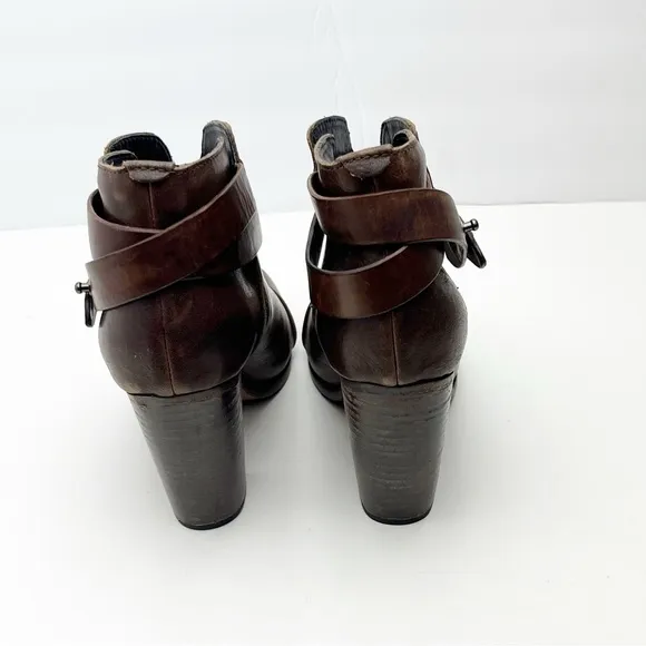 RAG &amp; BONE Harlow Brown Leather Adjustable Straps Almond Toe Chunky Heel Booties