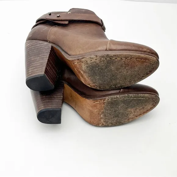 RAG &amp; BONE Harlow Brown Leather Adjustable Straps Almond Toe Chunky Heel Booties