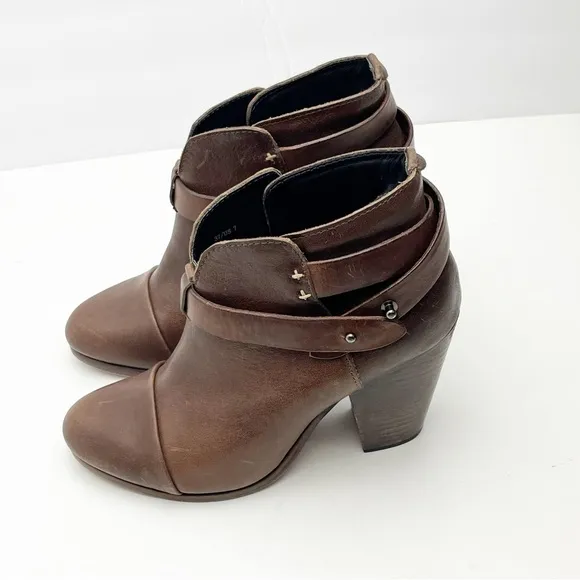 RAG &amp; BONE Harlow Brown Leather Adjustable Straps Almond Toe Chunky Heel Booties
