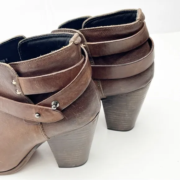 RAG &amp; BONE Harlow Brown Leather Adjustable Straps Almond Toe Chunky Heel Booties