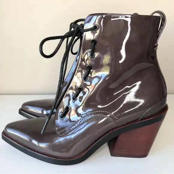 Rag &amp; Bone NWOT Gray Patent Leather Lace-up Wood Block Heel Ankle Boots 7