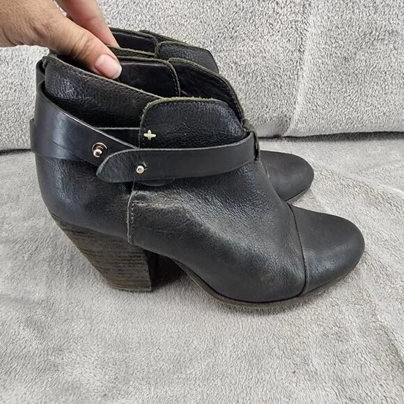 Rag &amp; Bone Shoes Womens 9 Harrow Black Leather Ankle Booties Knob Post Strap