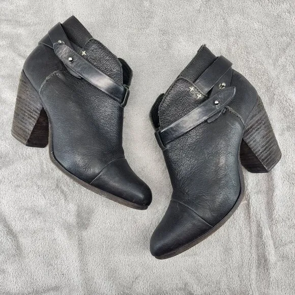 Rag &amp; Bone Shoes Womens 9 Harrow Black Leather Ankle Booties Knob Post Strap