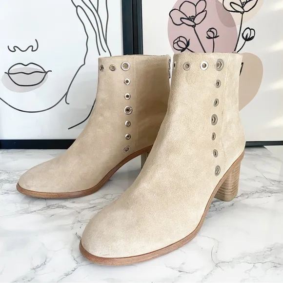 Rag &amp; Bone Willow Sand Suede Block Heel Grommet Ankle Boots 9