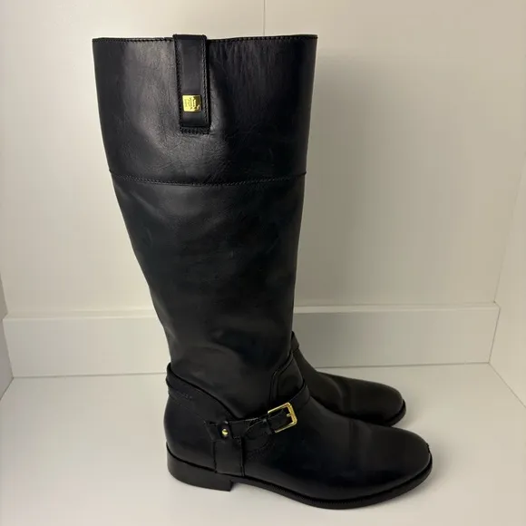 Ralph Lauren Flat Black Knee High Riding Boots Old Money Classic