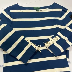 Ralph Lauren Nautical Midi Dress Sz L Boat Neck Striped 3/4 Sleeve Cotton Blue