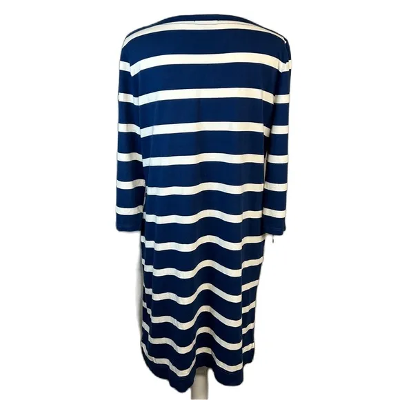 Ralph Lauren Nautical Midi Dress Sz L Boat Neck Striped 3/4 Sleeve Cotton Blue