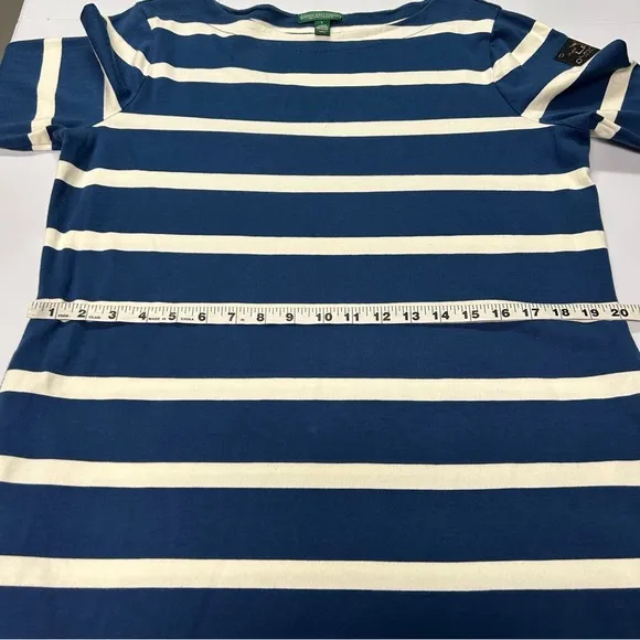 Ralph Lauren Nautical Midi Dress Sz L Boat Neck Striped 3/4 Sleeve Cotton Blue