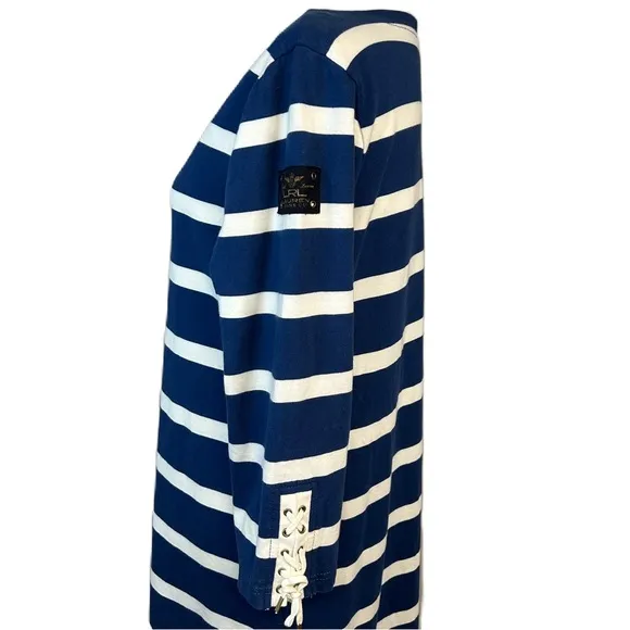 Ralph Lauren Nautical Midi Dress Sz L Boat Neck Striped 3/4 Sleeve Cotton Blue