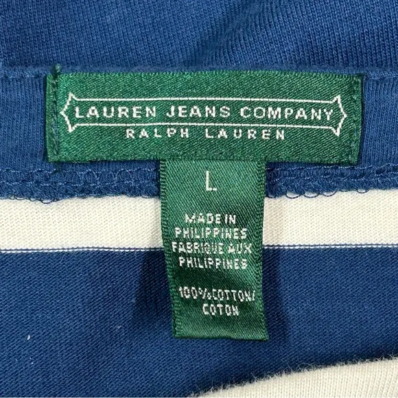 Ralph Lauren Nautical Midi Dress Sz L Boat Neck Striped 3/4 Sleeve Cotton Blue
