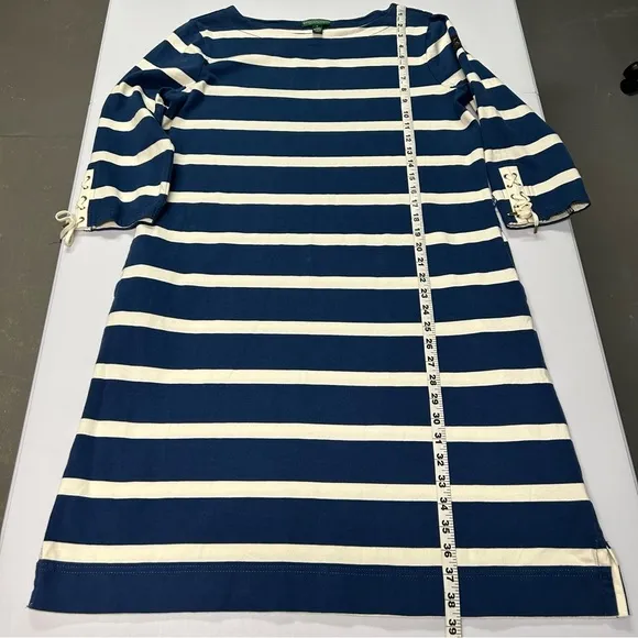 Ralph Lauren Nautical Midi Dress Sz L Boat Neck Striped 3/4 Sleeve Cotton Blue
