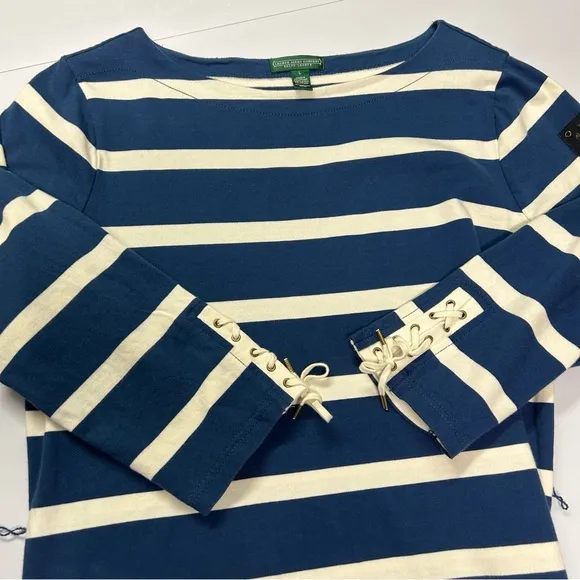Ralph Lauren Nautical Midi Dress Sz L Boat Neck Striped 3/4 Sleeve Cotton Blue