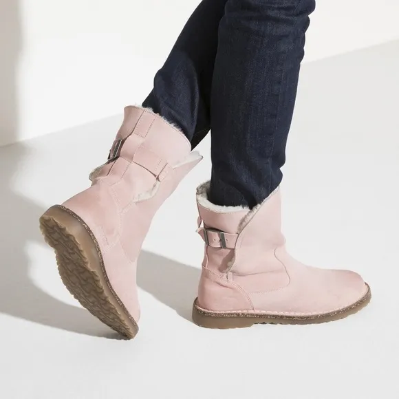 Rare Birkenstock Uppsala Shearling Suede Leather Pink Boots size 36 us 5-5.5