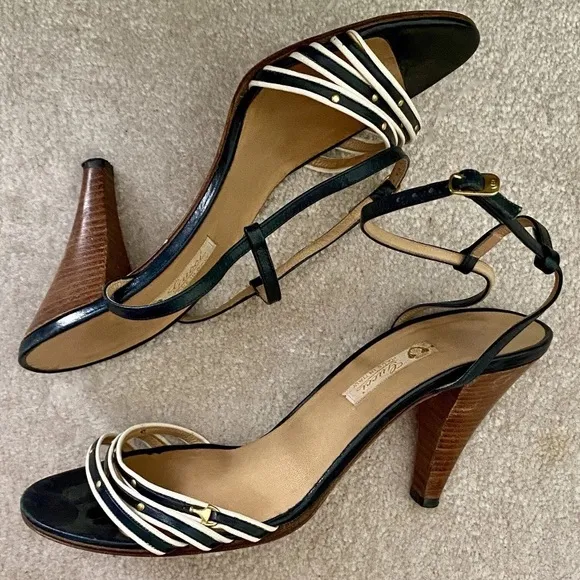 RARE VINTAGE 1970s GUCCI ITALY NAVY BLUE WHITE LEATHER STRAPPY HEELS 38.5 7.5 AA