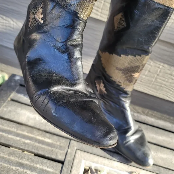RARE VINTAGE Andrea Pfister Black AZTEK leather Boots Southwest Style Green