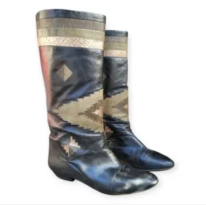 RARE VINTAGE Andrea Pfister Black AZTEK leather Boots Southwest Style Green