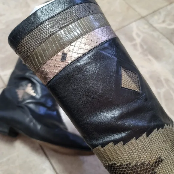 RARE VINTAGE Andrea Pfister Black AZTEK leather Boots Southwest Style Green