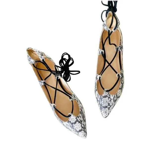 RAYE REVOLVE Black White Two Tone Snakeskin Toe Lace Up Ballet Flats Shoes 36
