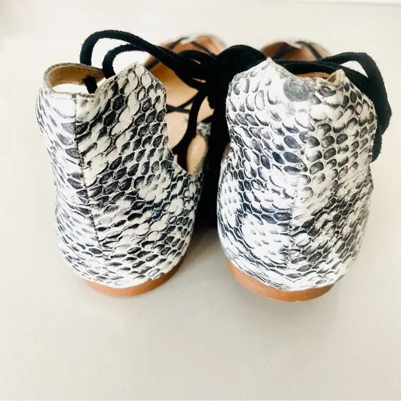 RAYE REVOLVE Black White Two Tone Snakeskin Toe Lace Up Ballet Flats Shoes 36