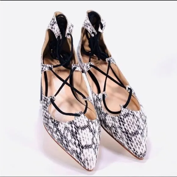 RAYE REVOLVE Black White Two Tone Snakeskin Toe Lace Up Ballet Flats Shoes 36