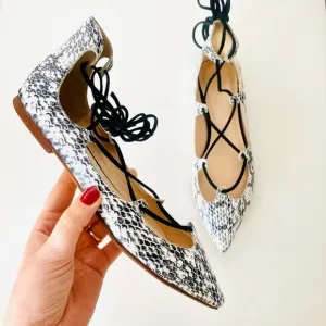 RAYE REVOLVE Black White Two Tone Snakeskin Toe Lace Up Ballet Flats Shoes 36