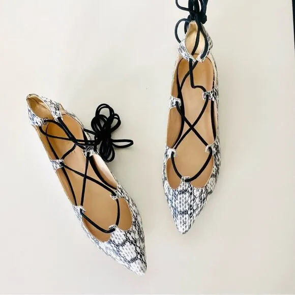 RAYE REVOLVE Black White Two Tone Snakeskin Toe Lace Up Ballet Flats Shoes 36
