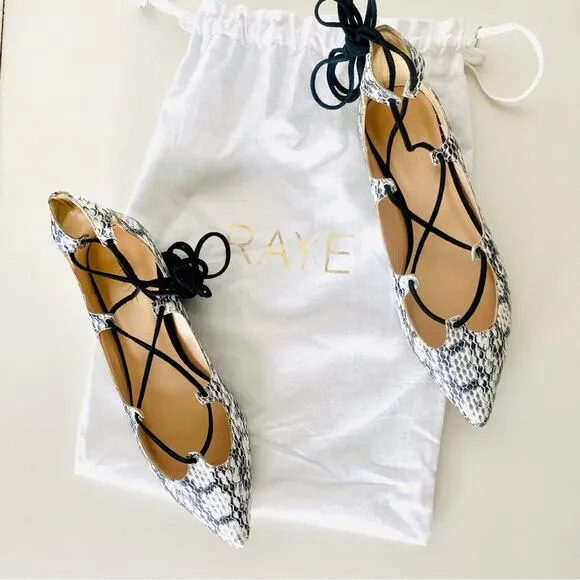 RAYE REVOLVE Black White Two Tone Snakeskin Toe Lace Up Ballet Flats Shoes 36
