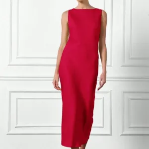 Red Elegant Women's Satin Boat Neck Sleeveless Midaxi Dress