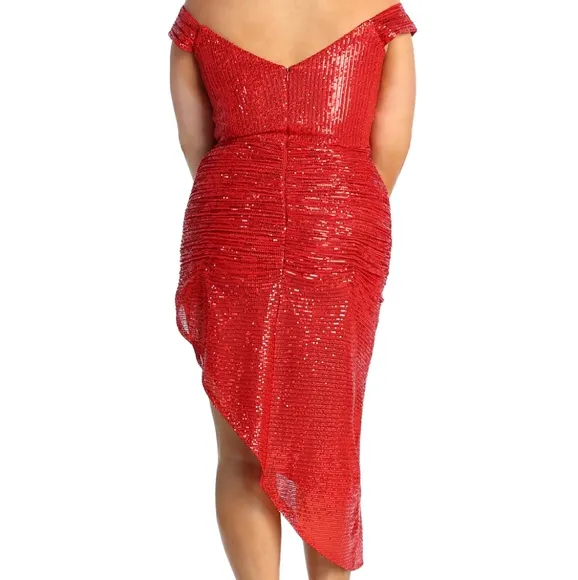 Red sequin cocktail off the shoulder dress