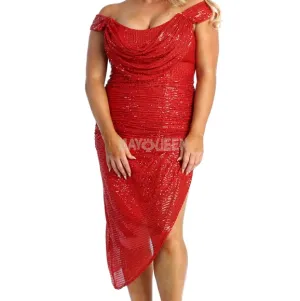 Red sequin cocktail off the shoulder dress